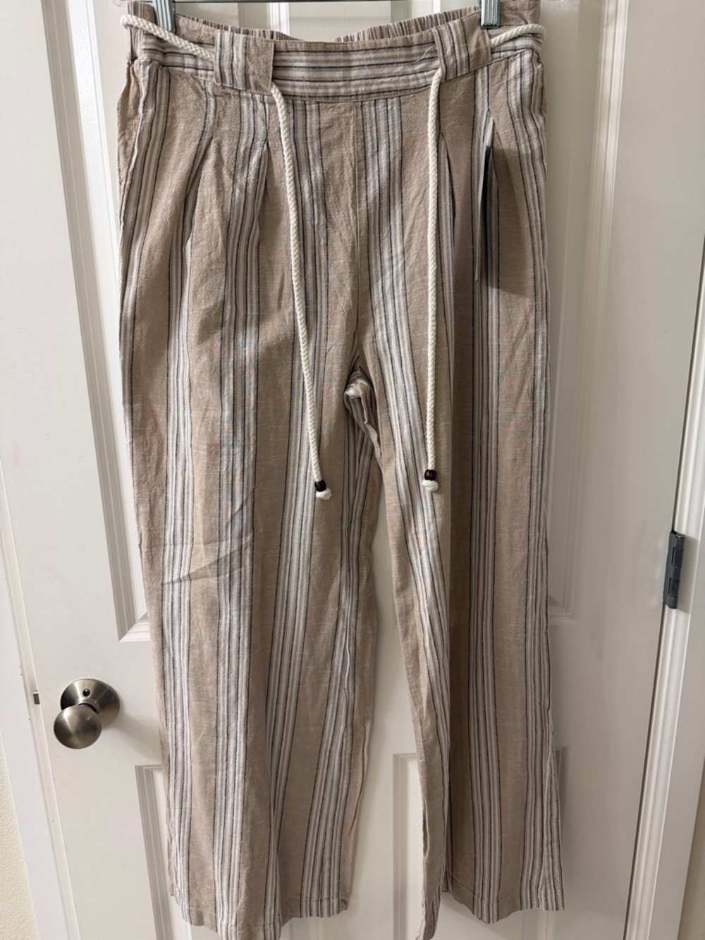 Wide Leg Striped Drawstring Pants in Tan